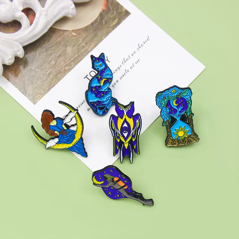 Creative Fun Blue Animal Bird Cat Character Enamel Brooch Sun Moon Night Sky Hourglass Girl Back View Alloy Pins Badge Jewelry