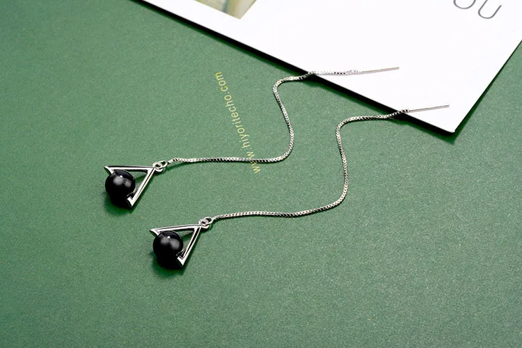 Beautiful Triangle Geometric 925 Sterling Silver Jewelry Long Exaggerated Natural Black Crystal Tassel Dangle Earrings For Women