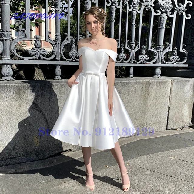 Vestido De Novia corto De saten con bolsillos traje De Novia sencillo marfil hecho a medida Francia