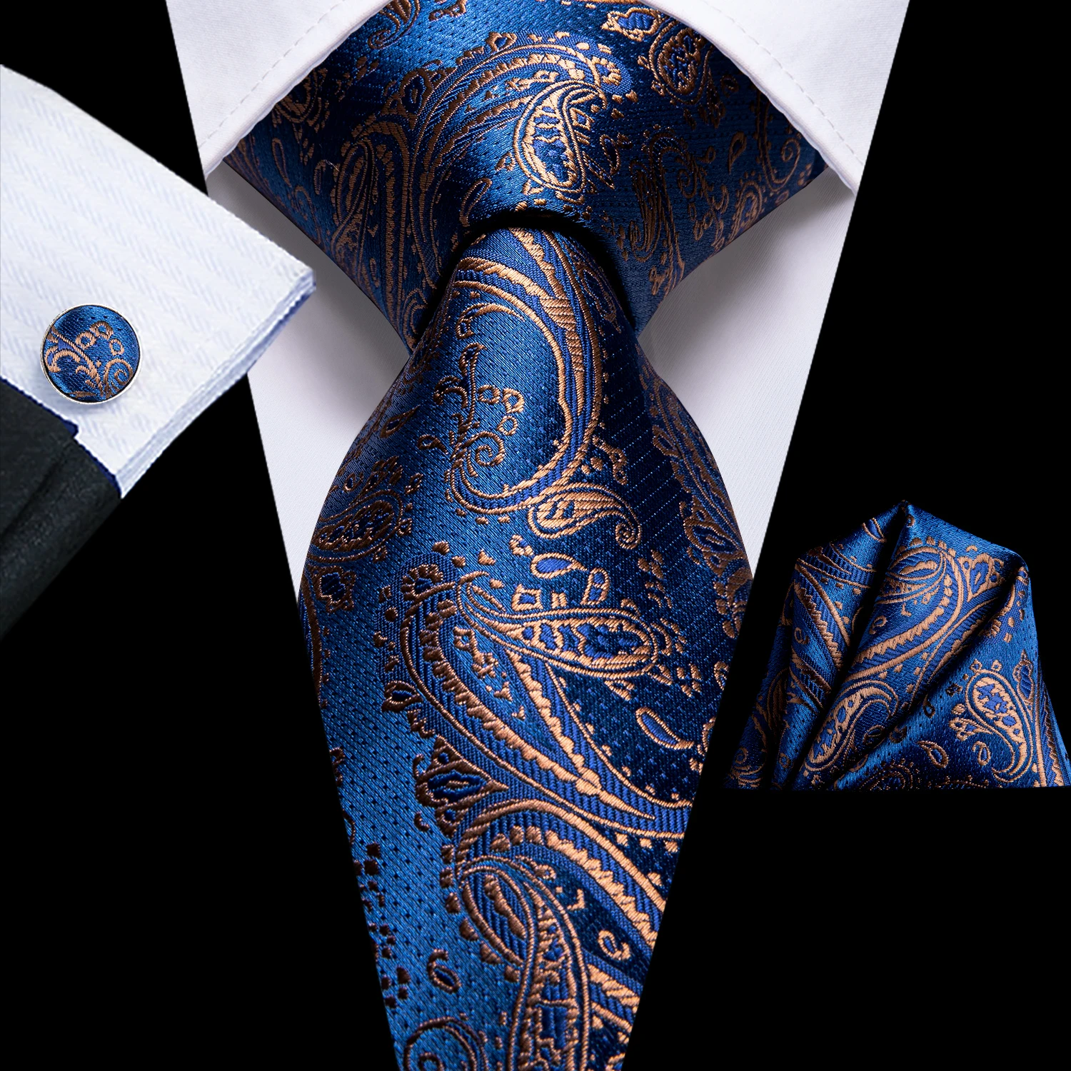 Hi-Tie Gold Navy Blue Paisley Silk Wedding Tie For Men Handky Cufflink Fashion Design Mens Nicktie Business Party Dropship