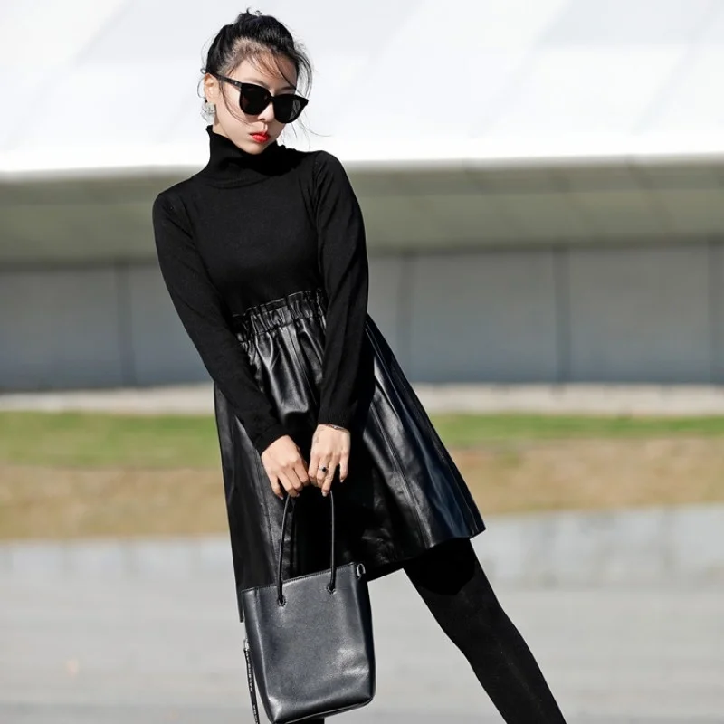 Stretchy Women Knitted Patchwork Sheepskin Genuine Leather Dress Casual Short Turtleneck Long Sleeve Elastic Waist Ladies Dress