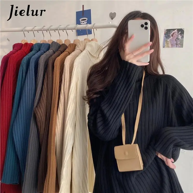 

Jielur Turtleneck Sweater Women 10 Colors Pullover 2021 Autumn Winter Casual Beige Black Jumper Loose Knit Long Sweaters Female