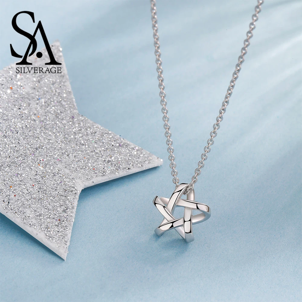 SA SILVERAGE 925 Sterling Silver Long Necklaces Pendants Fine Jewelry Star 925 Silver Maxi Pendant Chain Necklace Women Chokers