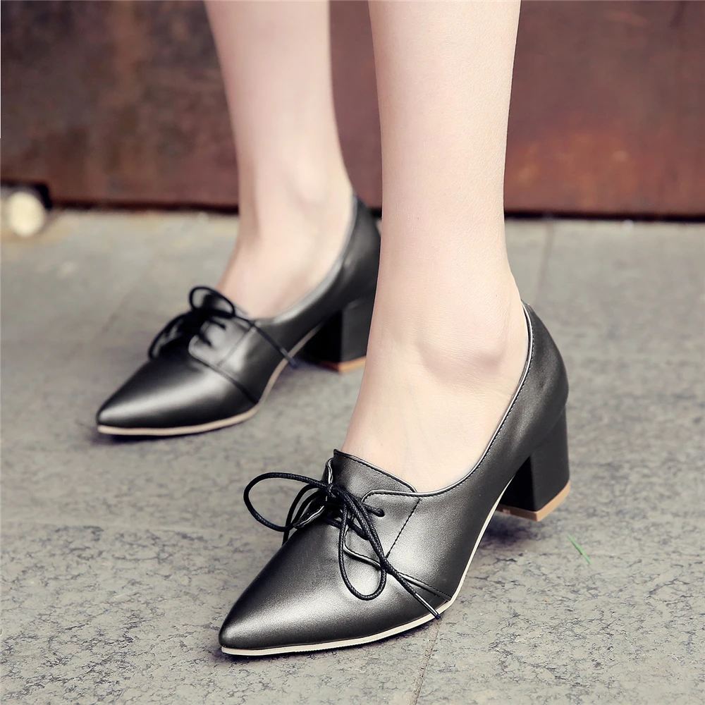 2024 HOT Women Shoes Pointed Toe Pumps Leather Lace-up Female Square High Heels Zapatos Mujer Plus Size 31-45 Black White Pink