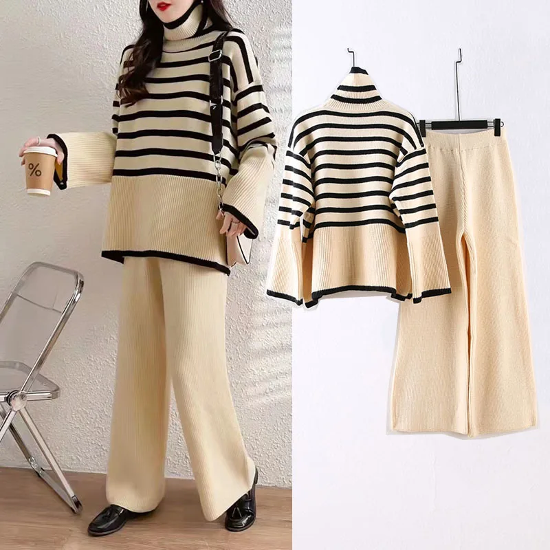 2 Pcs Women Sweater and Wide Leg Pants Suits Casual Striped Soft Fashion Knitted Vintage Pullover Pull High Waist Trousers Sets