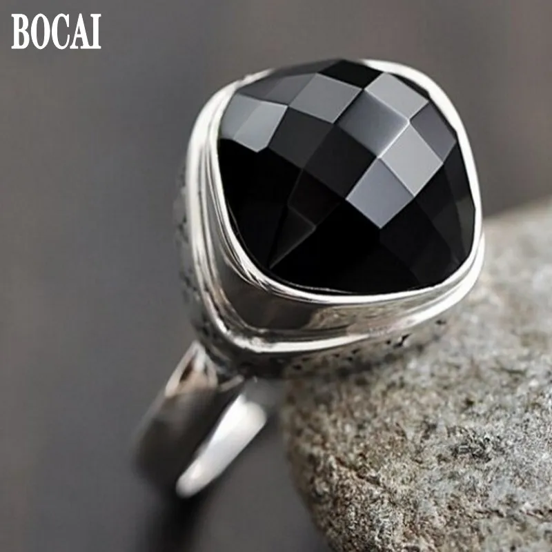 

BOCAI NEW S925 Silver Natural Cut Black Stone Ring for Woman Fashion Personality Original Jewelry