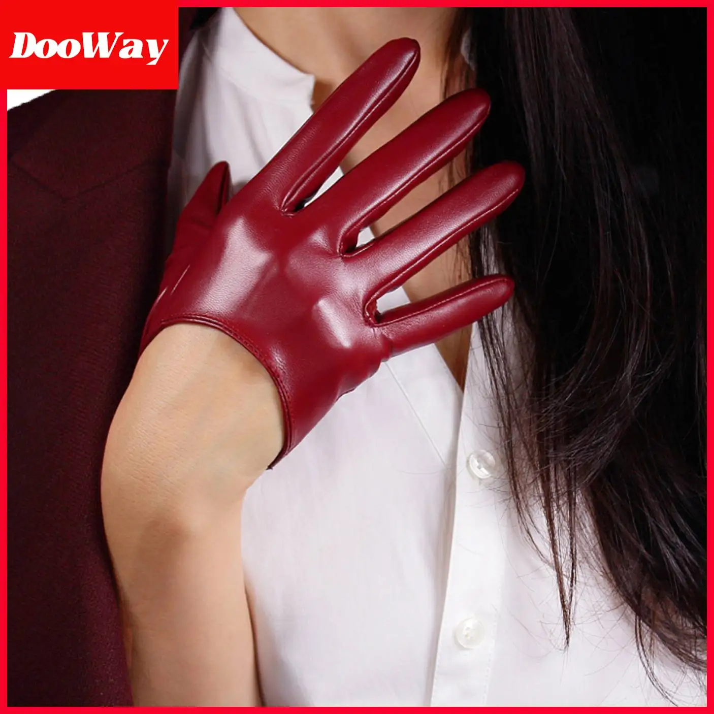 DooWay Women\'s Burgundy Latex Gloves Extra Short Half Palm 5-inch Faux Lambskin PU Dark Red Party Cosplay Evening Dressing Glove