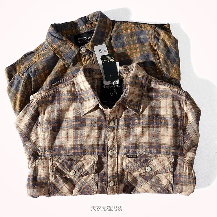 Autumn American Retro Tooling Plaid Shirt Men\'s Fashion Frosted Flannel Pure Cotton Washed Old Pocket Long Sleeve Casual Blouses