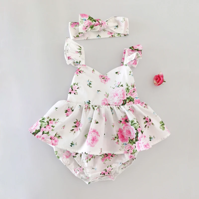 Flofallzique 2020 Cotton Retro Floral Small Lotus Leaf Sleeves V Neck With Headband Sweet Newborn Baby Girl Romper