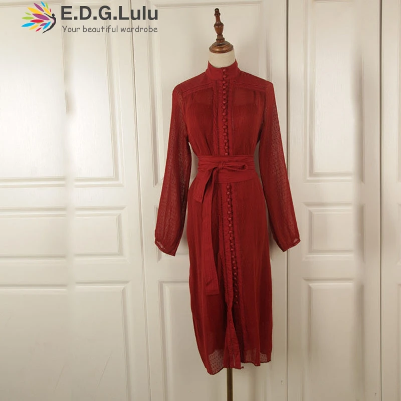 EDGLuLu o-neck lace-up white lace dress long sleeve vintage chic sexy elegant button decoration red autumn dress women