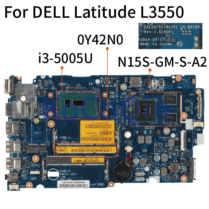 

For DELL Latitude 3550 L3550 I3-5005U Notebook Mainboard CN-0Y42N0 0Y42N0 LA-D072P SR244 N15S-GM-S-A2 Laptop Motherboard DDR3