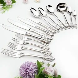 Dinnerware Set 6pcs Vintage Silver 304 Stainless Steel Cutlery Set Spoons Forks Knife Tableware Mirror Dinner Kitchen Flatware