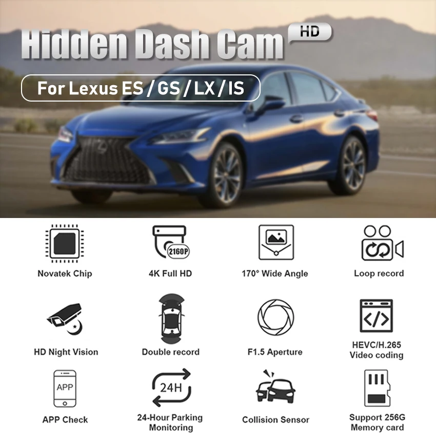 4K Car DVR Hidden Dash Cam Camera 24h Parking record UHD Night Vision Driving Video Recorder For Lexus ES GS LX IS 2016-2022