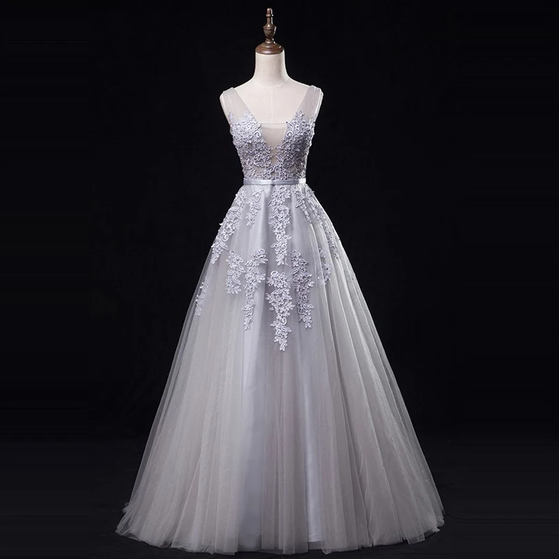 

Elegant Evening Dresses Deep V-Neck Sleeveless Tulle Evening Party Gowns A-Line Appliques Beading Formal Dresses Robe De Soiree