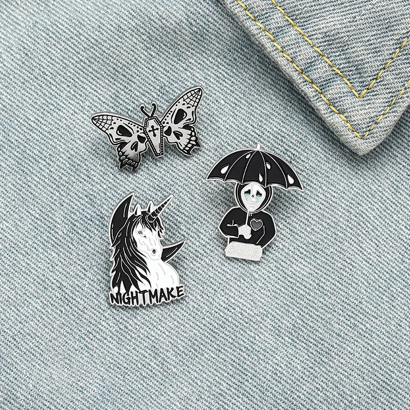 Nightmare Enamel Pins Custom Horse Umbrella Skeleton Butterfly Brooch Bag Clothes Lapel Pin Gothic Badge Jewelry Gift for Friend