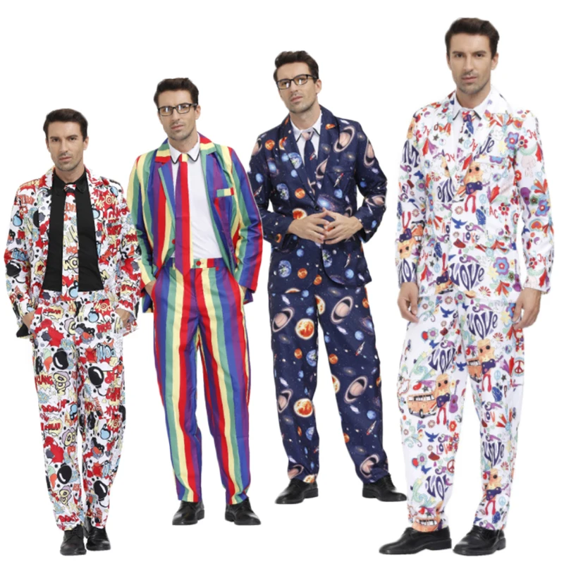 Rainbow/Space/Clown/Love Print Suits Men Halloween Cosplay Costumes Blazer Casual Carnival Party Stage Show Outfit M -XL C158