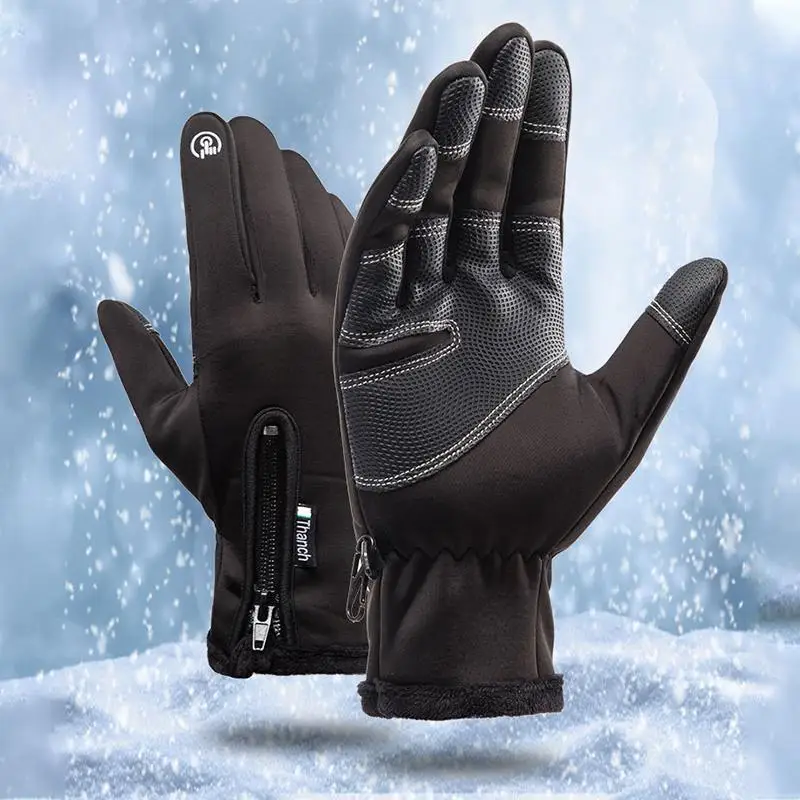 Fleece Lined Winter Gloves Warm Touch Screen Glove Splash-Proof Wrist Length Anti-Slip Zipper Closure for Riding Driving MC889