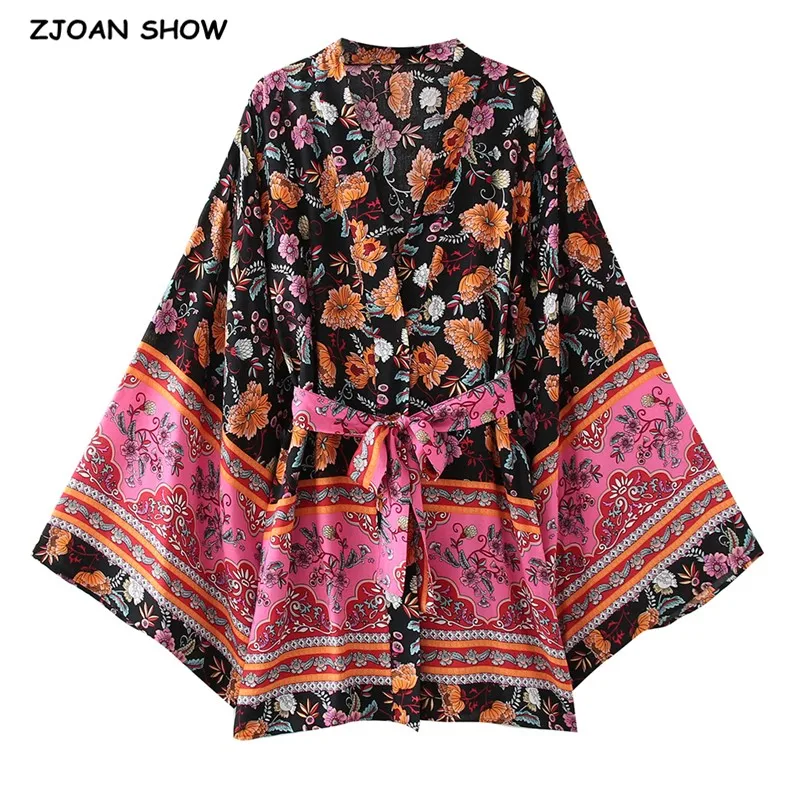 

Bohemian Women Colored Pink Flower Print Kimono Shirt Holiday Beach Tie Bow Sashes Mid Long Cardigan Blouse BOHO Tops