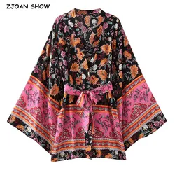 Bohemian Women Colored Pink Flower Print Kimono Shirt Holiday Beach Tie Bow Sashes Mid Long Cardigan Blouse BOHO Tops