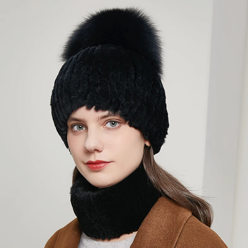 JKP Real Natural Rex Rabbit Fur Hat Women Winter Pompon Knit Cap Warmth Elastic Fashion Fluffy Thick Outdoor Authentic Hot Sale