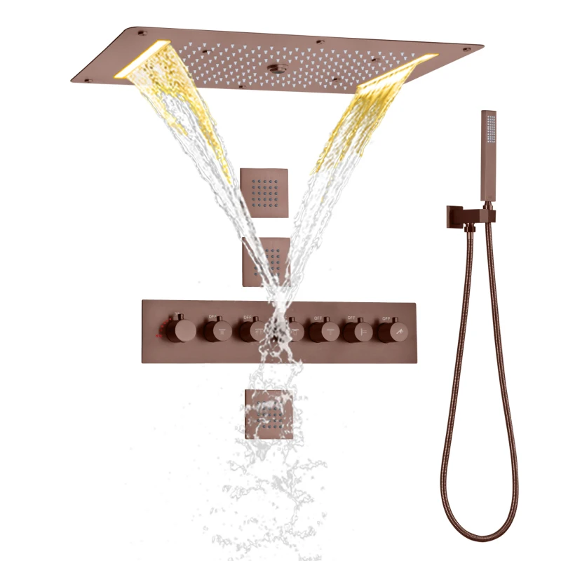 Brown Thermostatic Bathroom Shower  Mixer Set 700X380 MM LED Waterfall Spray Bubble Rain