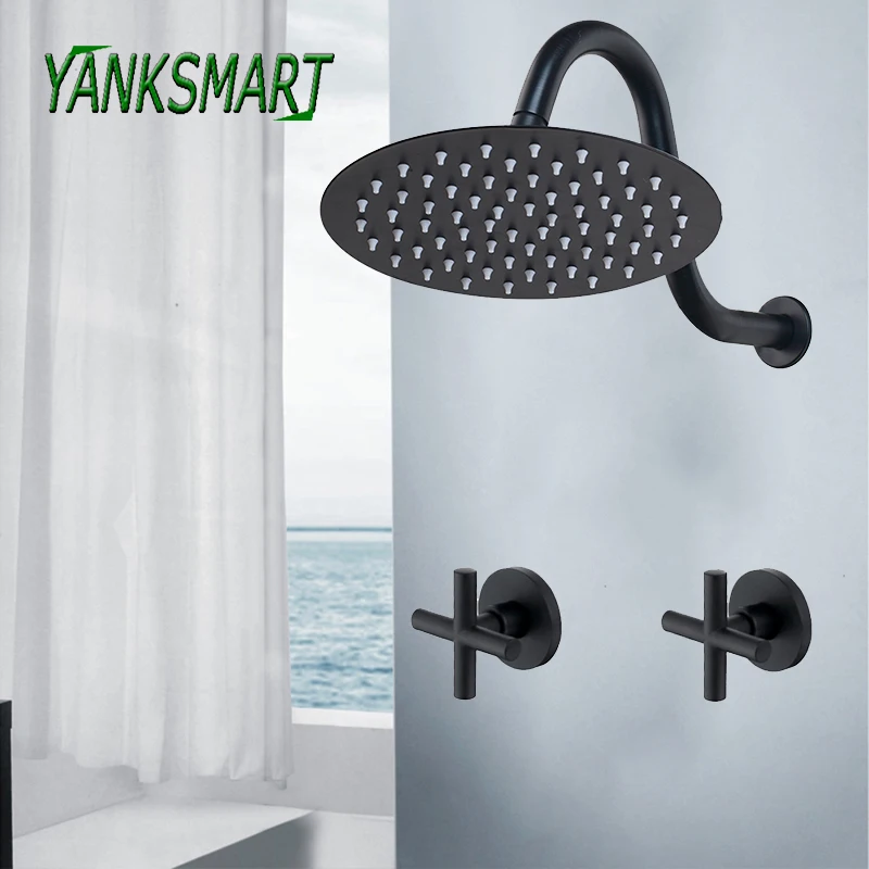 

YANKSMART 8 Inch Black Round Wall Mounted Faucets Bathroom Rainfall Shower Faucet Dual Handles Cold & Hot Water Mixer Tap