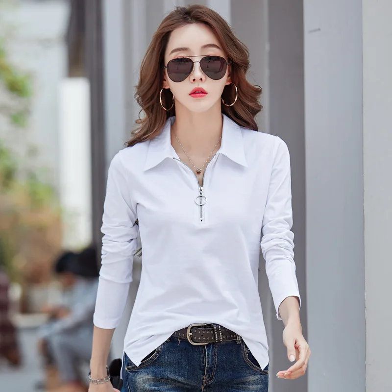 LJSXLS maglietta a maniche lunghe donna cotone stile coreano Slim abbigliamento donna autunno 2024 New Zipper top T-Shirt donna Tee Shirt Femme