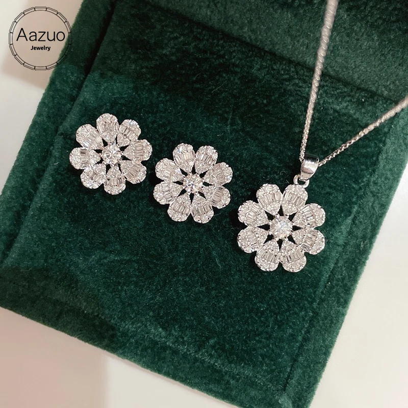 Aazuo 18K Jewelry Set White Gold Real Diamonds 1ct Fashion Flower Necklace Earring Gift For Women Engagement Wedding Party Au750