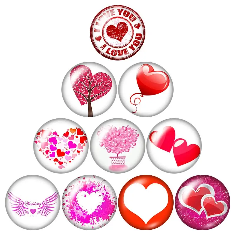 Love Heart Valentine\'s Day 18mm snap buttons 10pcs mixed round photo glass cabochon style for snap button jewelry