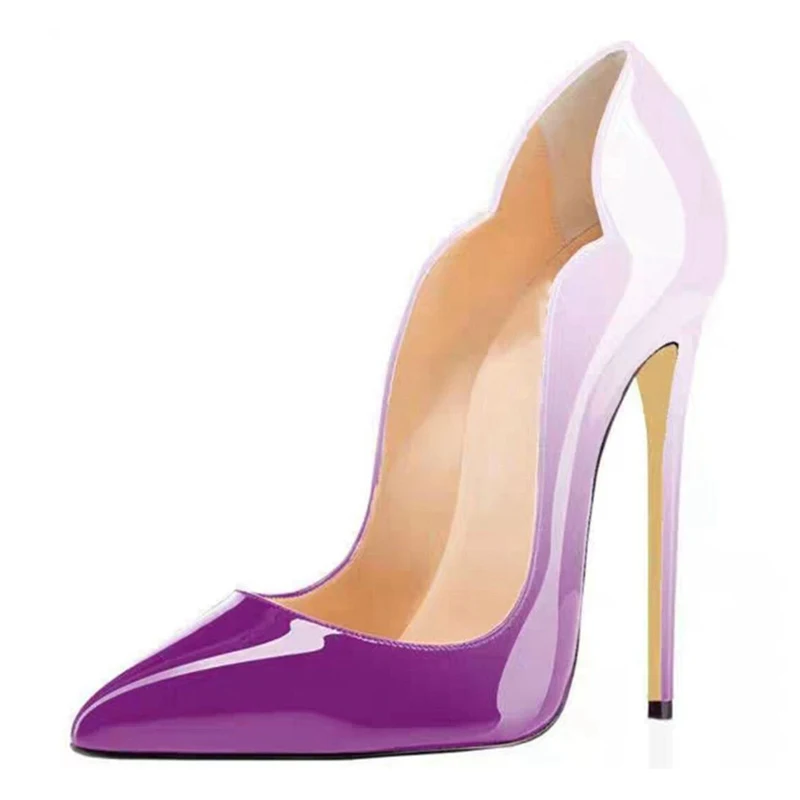Veowalk Gradient Color Women Sexy Curl Cut Glossy Patent Pointy Toe Stiletto Pumps 12cm High Heel Ladies Fashion Dress Shoes