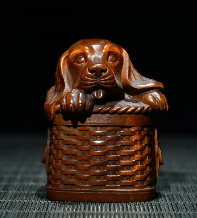 Archaize seiko Hand-carved boxwood lovely dog desktop decoration small crafts statue