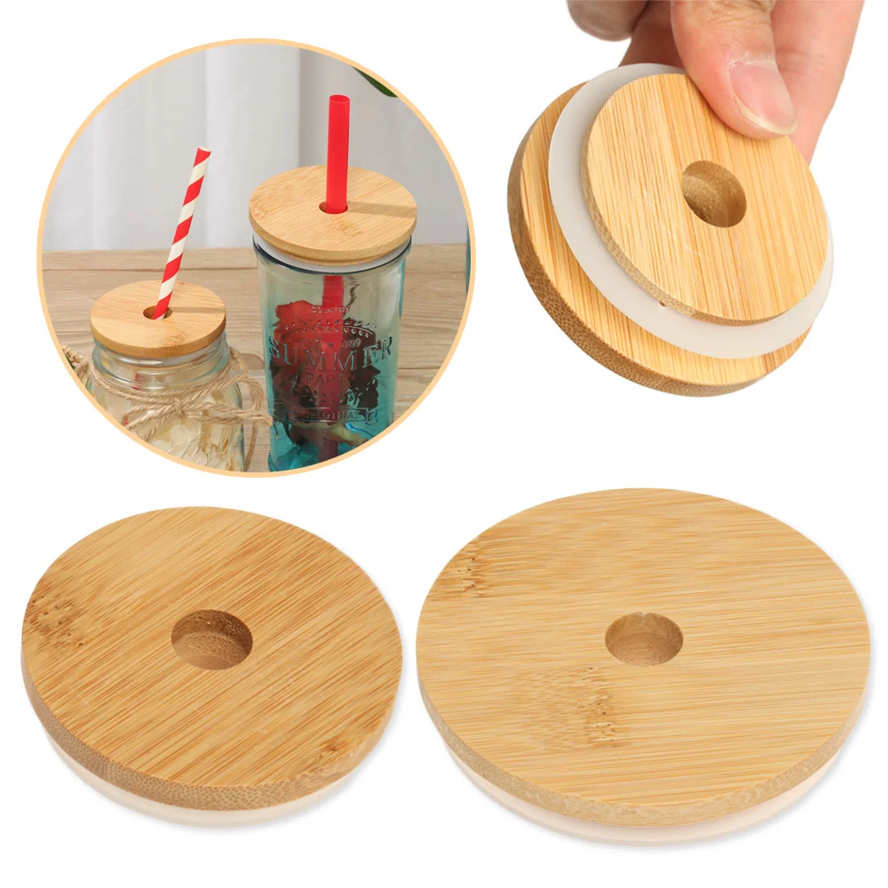 70mm/86mm Bamboo Wood Lids Mason Jar Lid With Straw Hole Silicone Seal Ring Wide Mouth Cup Covers Caps Reusable