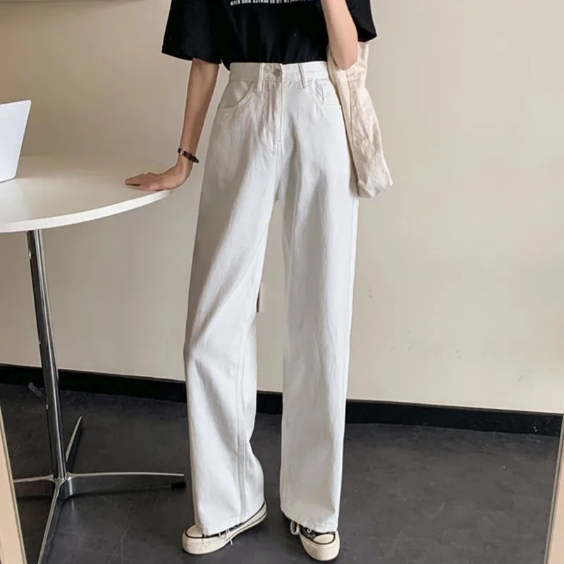 Women White Casual Jeans New Arrival 2021 Autumn Korean Style All-match Loose High Waist Female Wide Leg Denim Pants T012