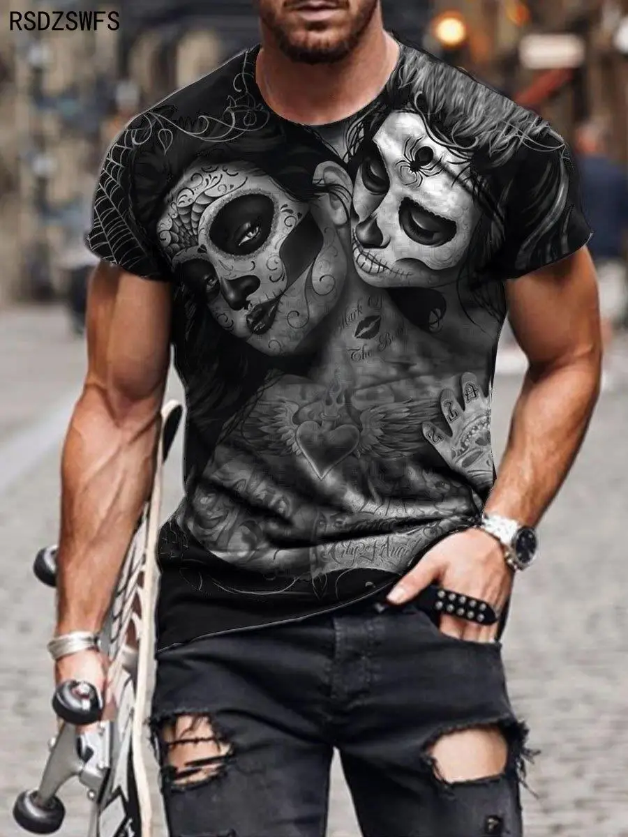 New zombie pattern men\'s T-shirt, 3D printed summer breathable top, oversized casual personality skull T-shirt for men.