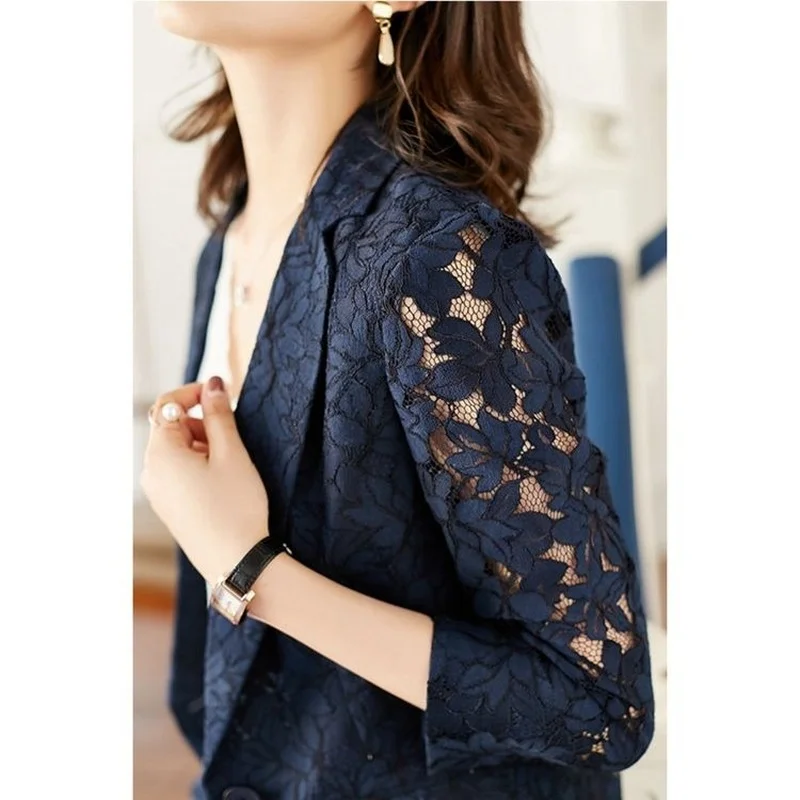 Female 2024 Spring Summer Women 3/4 Sleeve Thin Cardigan Sun Protection Clothing Sexy Hollow Lace Slim Shawl Top Y143