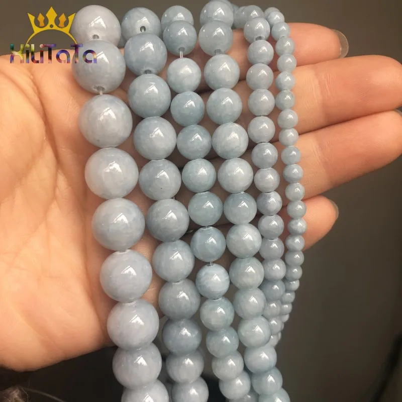 Natural Stone Light Blue Jades Round Loose Spacer Beads For Jewelry Making DIY Bracelet Necklace Accessories 4 6 8 10 12mm 15\'\'
