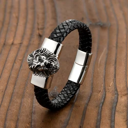 Trendy Punk Style Lion Head Ghost Head Snake Head Men's Stainless Steel Bracelet Leather Cord Bracelet Jewelry Gift