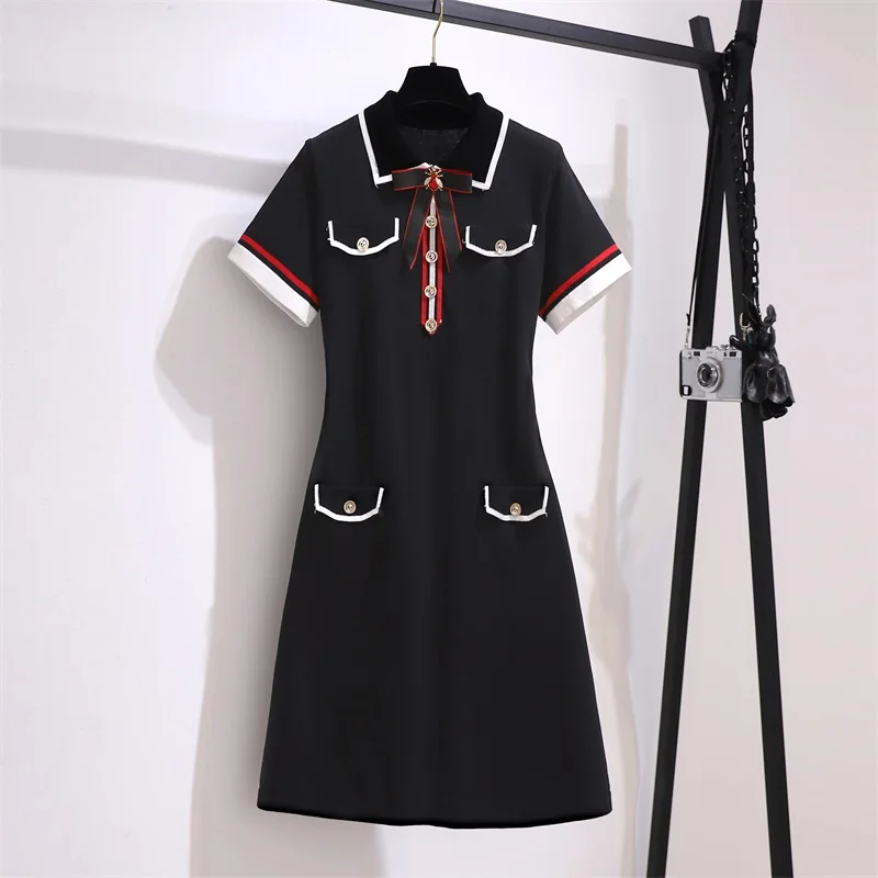 Summer New Kint Elegant Vintage 90S Party Dress Short Sleeve Bow Turn Down Collar Black White Dresses For Women Work Clothing