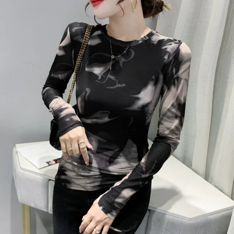 #8103 Long Sleeve T Shirt Women O Neck Tie Dyed Printed Women's T-Shirt Sexy Vintage Basic Mesh Top Slim Stretch Women T-shirt 