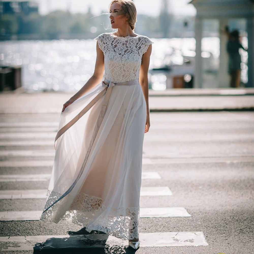 Lace Cap Sleeves Wedding Dresses A Line Boat Neckline Floor Length Custom Made Backless Rustic Boho Beach Chiffon Bridal Gown