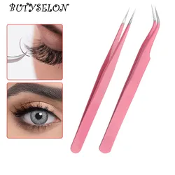 1Pcs Pink Stainless Steel Eyelash Tweezers Anti-static Non-magnetic Professional Pincet 3D Lashes Extension Tweezer Makeup Tools