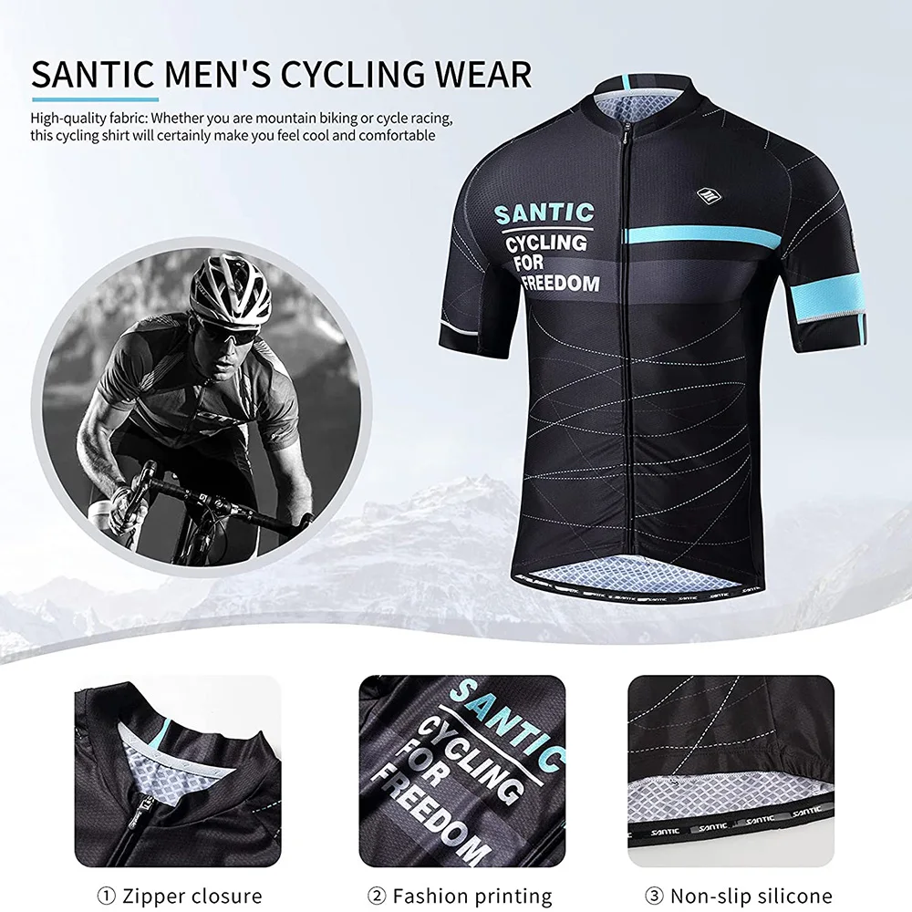 Santic Men\'s Cycling Jersey Short Sleeve Full Zipper MTB Bike Shirts Quick-Dry Breathable Reflective Bicycle Tops Asian Size