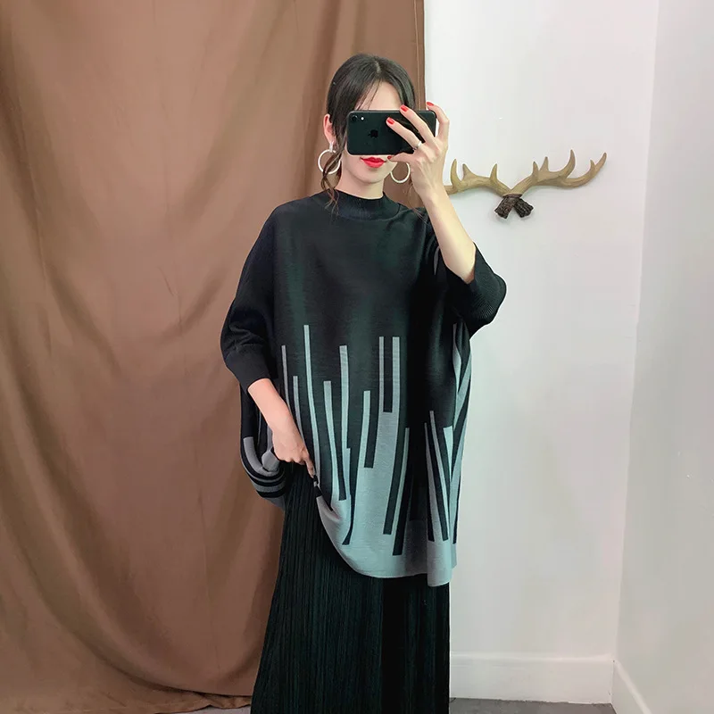

Autumn Winter Women Pleated Tops Pullover Bat Sleeve Tidal Popular Print Shirts