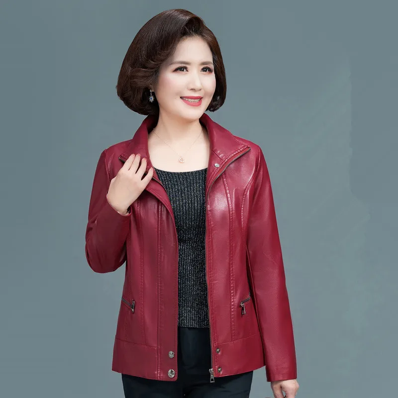 UHYTGF Autumn Winter Leather Jacket Women Stand Collar Elegant Mother Short Top PU Washed Leather 6XL Big Size Leather Coat 829