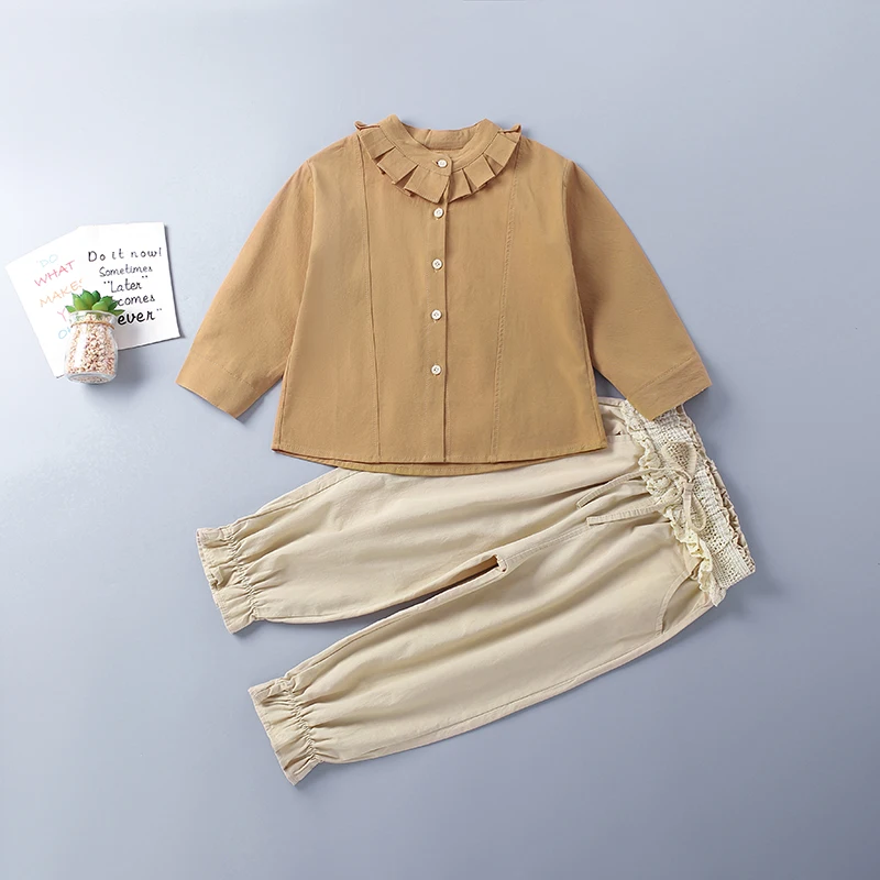 

3-10 Years High Quality 100%Cotton Spring Girl Clothing Set 2022 New Yellow White Solid Kid Children Clothes Blouses+Pants