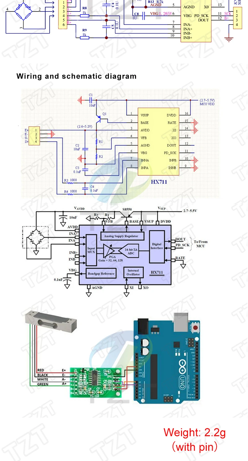 TZT HX711 AD Gewichtsmodul 1 kg 2 kg 3 kg 5 kg 10 kg 100 g Wägezellenmodul Wägedrucksensor Messwerkzeuge – Detail 6