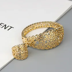 Sunspicems Gold Color Arabic Hollow Bangle Ring Sets for Women Moroccan Wedding Jewelry Algeria Cuff Bracelet Bridal Gift