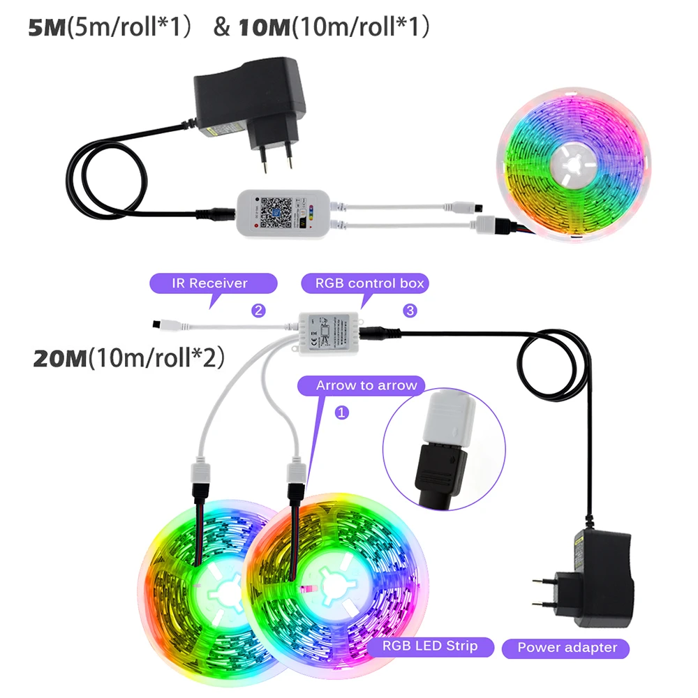 Imagem -04 - Rgb Levou Tira de Luz 5050 Flexível Dc12v Wi-fi Bluetooth Controle de Música 5m 10m 20m