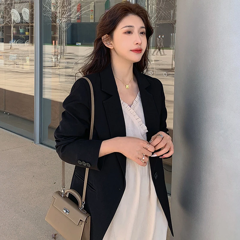 New Spring Autumn Turn Down Collar Women Blazer England Style Black Loose Female Suit Coat One Button Full Sleeve Outwear