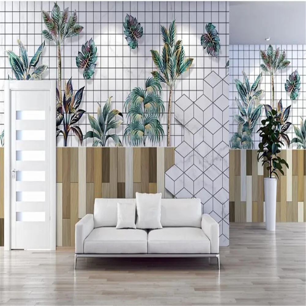 

Milofi Custom wallpaper mural 3D Nordic modern tropical plants black and white lattice TV background wallpaper mural
